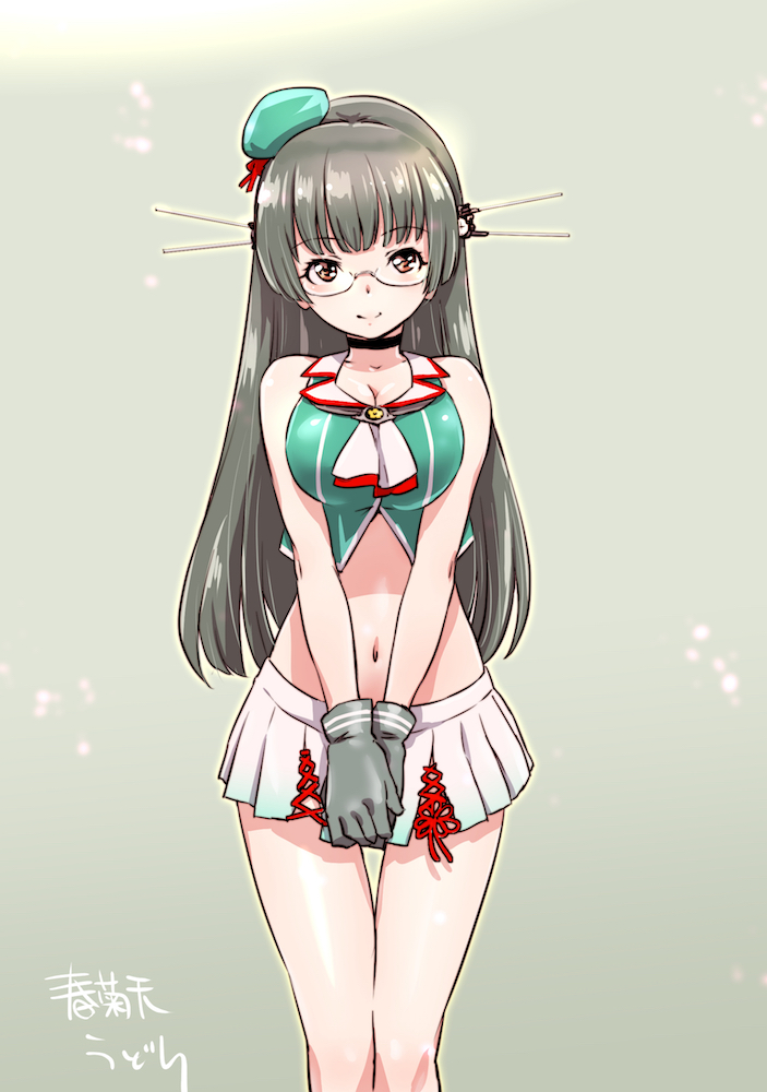 1girl beret black_gloves black_hair breasts choker choukai_(kantai_collection) cleavage glasses gloves gradient gradient_background hair_ornament hat headgear kantai_collection large_breasts long_hair midriff pleated_skirt red_eyes remodel_(kantai_collection) rimless_eyewear shungikuten skirt smile solo white_skirt