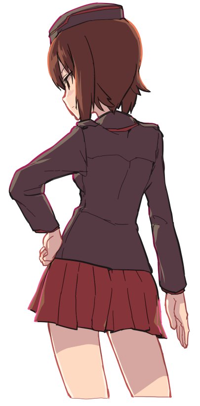 1girl back bangs black_hat black_jacket brown_eyes brown_hair closed_mouth commentary_request cowboy_shot cropped_legs facing_away from_behind garrison_cap girls_und_panzer hand_on_hip hat jacket kuromorimine_military_uniform long_sleeves looking_to_the_side military military_hat military_uniform miniskirt monolith_(suibou_souko) nishizumi_maho pleated_skirt red_skirt short_hair simple_background skirt solo standing uniform white_background