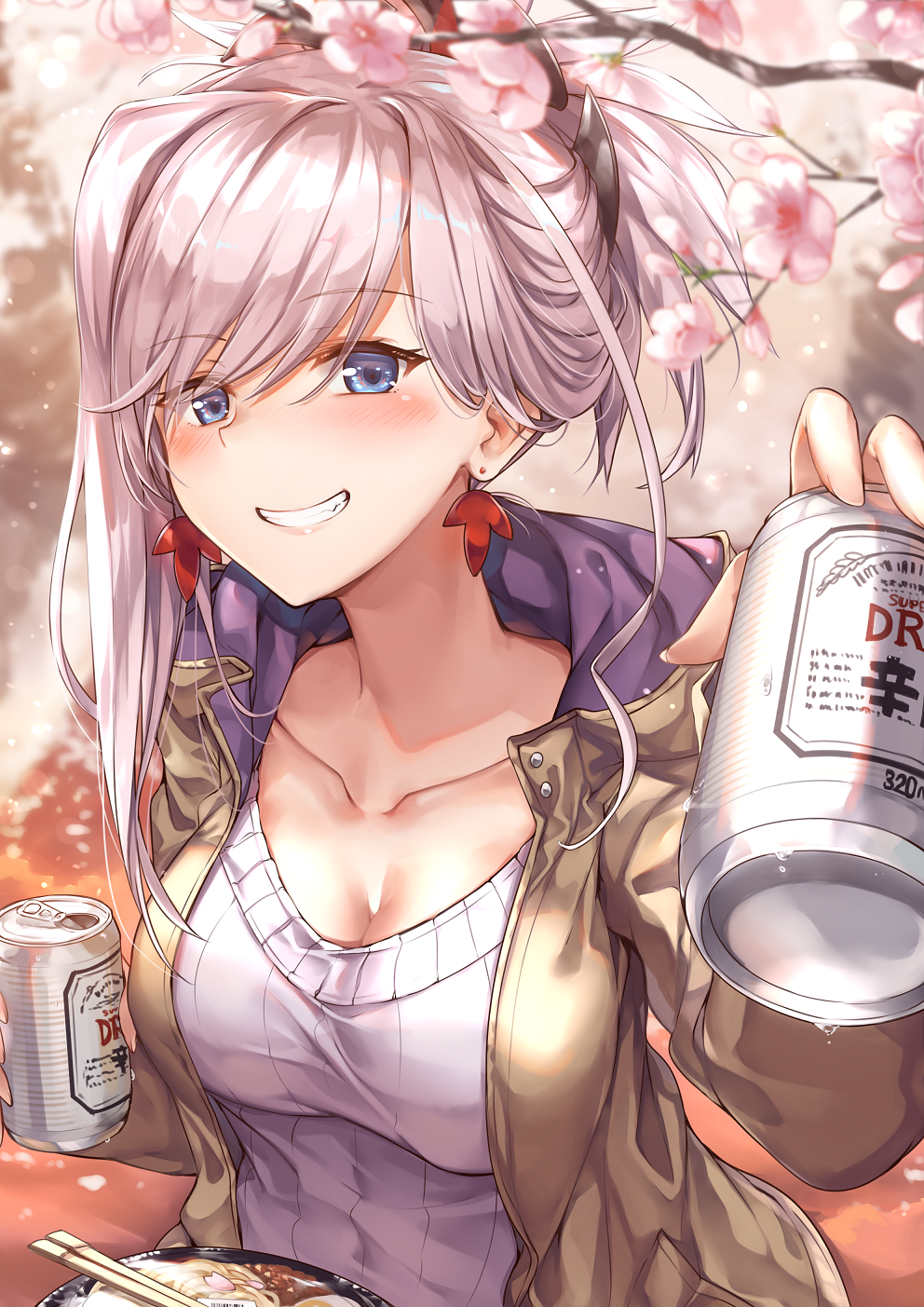 1girl alcohol beer blue_eyes breasts casual cherry_blossoms chopsticks cleavage collarbone earrings fate/grand_order fate_(series) folded_ponytail grin highres hood jacket jewelry ks miyamoto_musashi_(fate/grand_order) smile solo udon