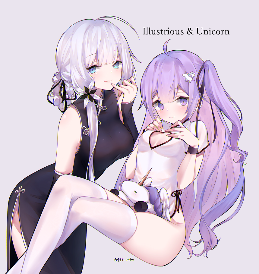 2girls :q ahoge azur_lane black_dress blue_eyes braid breasts character_name china_dress chinese_clothes cleavage_cutout dated detached_sleeves dress eyebrows_visible_through_hair finger_to_mouth hair_ornament hair_ribbon hands_on_own_chest illustrious_(azur_lane) large_breasts legs_crossed long_hair looking_at_viewer mimelond multiple_girls no_panties one_side_up pinky_out purple_hair ribbon short_hair_with_long_locks side_slit sidelocks silver_hair simple_background small_breasts smile stuffed_animal stuffed_toy thigh-highs tongue tongue_out unicorn_(azur_lane) violet_eyes white_dress white_legwear wristband