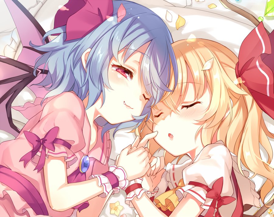 2girls :o ;3 ascot bat_wings blonde_hair bow brooch fang flandre_scarlet hair_ribbon half-closed_eye hand_holding jewelry long_hair lying multiple_girls no_hat no_headwear on_side one_eye_closed paragasu_(parags112) petals pink_bow pink_neckwear pink_ribbon puffy_short_sleeves puffy_sleeves red_eyes red_ribbon remilia_scarlet ribbon short_sleeves siblings side_ponytail sisters sleeping smile touhou upper_body wings wrist_cuffs yellow_neckwear