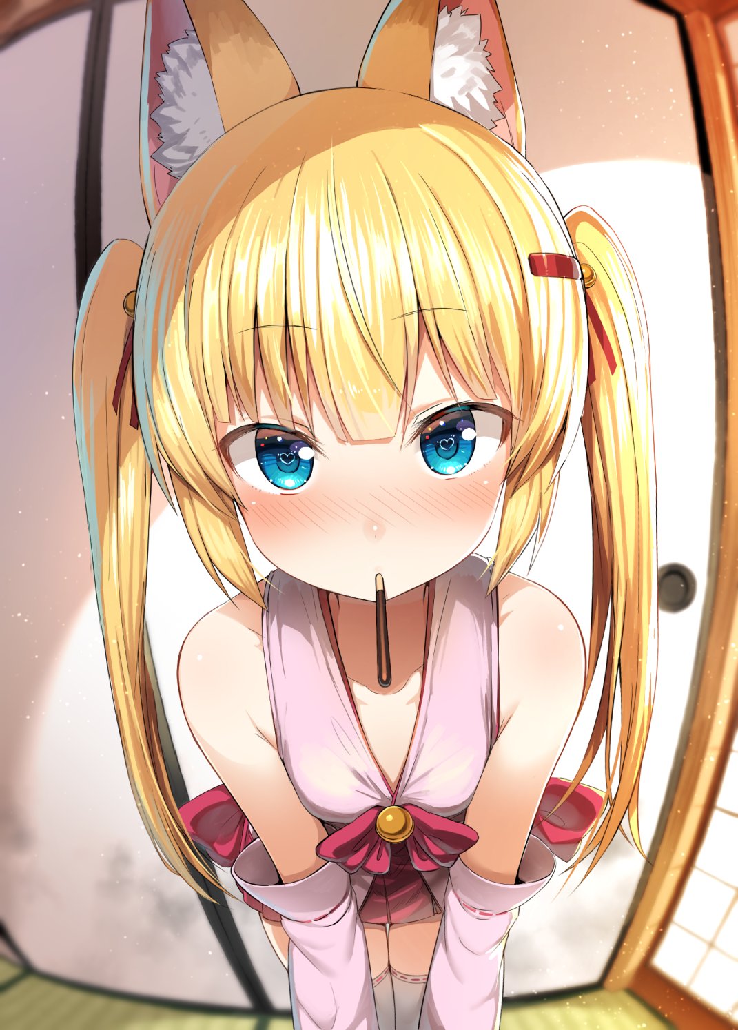 1girl animal_ears bare_shoulders blonde_hair blue_eyes blush closed_mouth collarbone eyebrows_visible_through_hair flag food fox_ears greatmosu heart heart-shaped_pupils highres kemomimi_vr_channel mikoko_(kemomimi_vr_channel) pocky redhead solo symbol-shaped_pupils thigh-highs twintails white_legwear