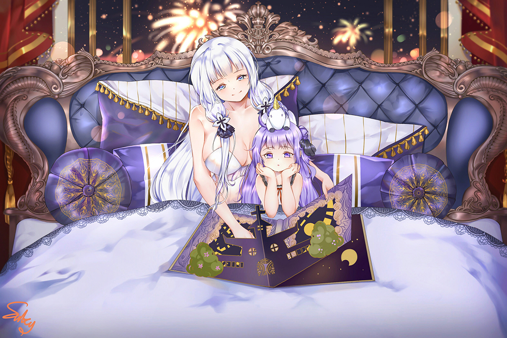 2girls :o aerial_fireworks arm_support azur_lane bangs bare_shoulders bed black_ribbon blue_eyes blush book breasts closed_mouth collarbone commentary_request crescent dress eyebrows_visible_through_hair fireworks hair_bun hair_ribbon head_tilt illustrious_(azur_lane) indoors large_breasts long_hair looking_at_viewer multiple_girls night night_sky on_head one_side_up open_book parted_lips pillow pop-up_book purple_hair ribbon shizi_suky side_bun signature silver_hair sitting sky sleeveless sleeveless_dress smile stuffed_animal stuffed_pegasus stuffed_toy stuffed_unicorn under_covers unicorn_(azur_lane) very_long_hair violet_eyes white_dress window
