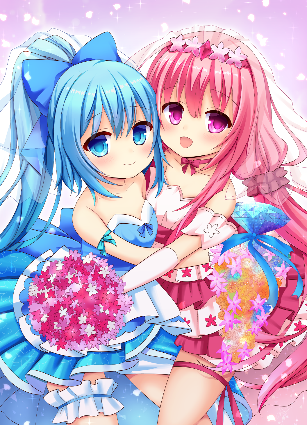 2girls :d armband bare_shoulders blue_bow blue_dress blue_eyes blue_hair blush bouquet bow bridal_gauntlets dress eyebrows_visible_through_hair flat_chest flower flower_knight_girl gloves hair_bow hairband hanamomo_(flower_knight_girl) highres hug long_hair looking_at_viewer minkusu multiple_girls nerine_(flower_knight_girl) open_mouth pink_dress pink_eyes pink_hair ponytail smile thigh_strap twintails wedding_dress white_gloves