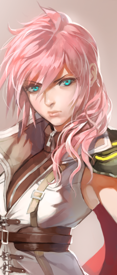 1girl belt blue_eyes closed_mouth commentary_request final_fantasy final_fantasy_xiii grey_background hair_between_eyes jacket korean_commentary lightning_farron looking_at_viewer pink_hair simple_background sleeveless solo upper_body yang-do