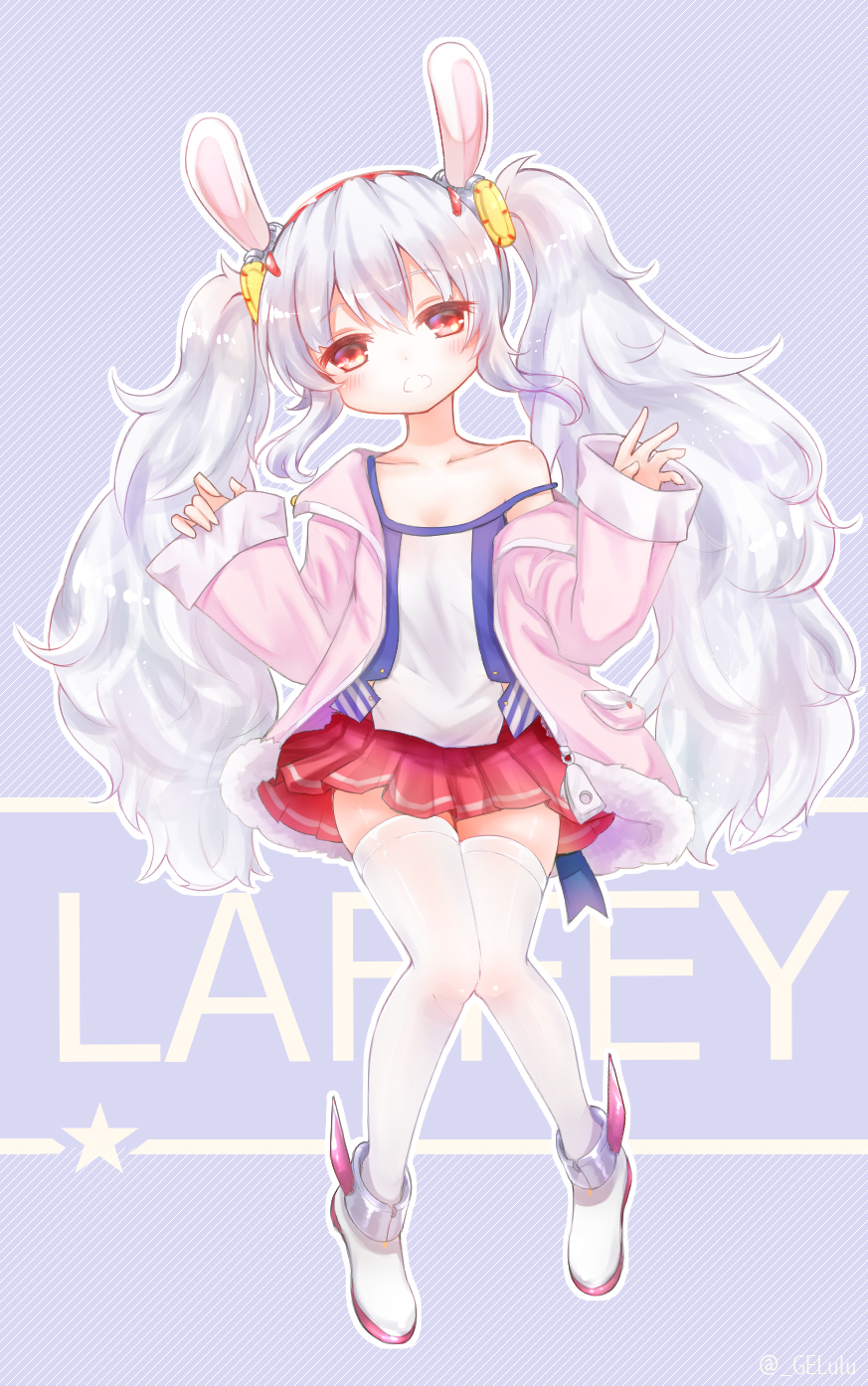 1girl azur_lane character_name collarbone commentary_request gelulu head_tilt highres jacket laffey_(azur_lane) long_hair looking_at_viewer open_mouth pleated_skirt red_eyes silver_hair skirt solo thigh-highs twintails white_legwear zettai_ryouiki