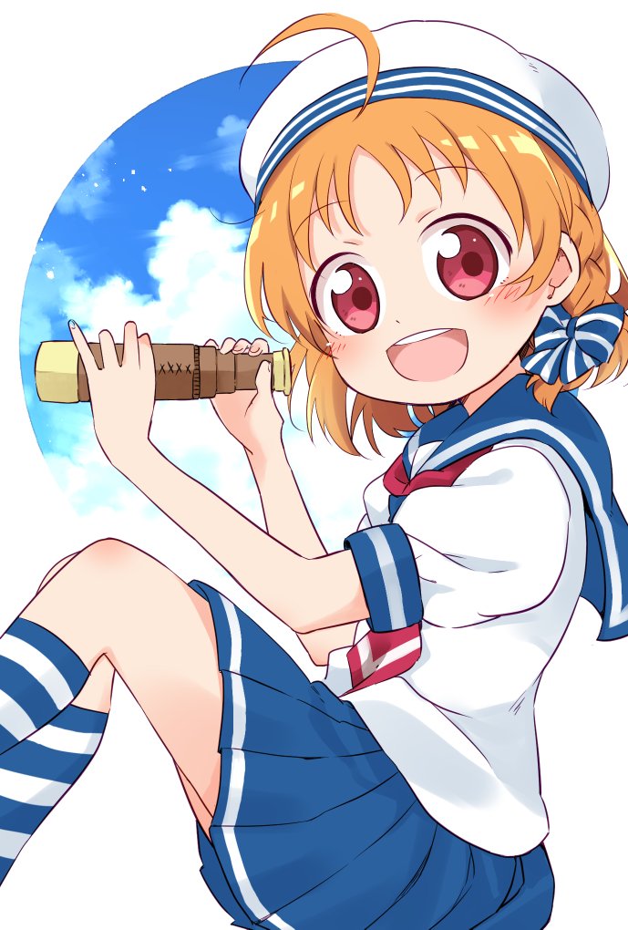 1girl :d ahoge bangs blue_skirt blush bow braid from_side hair_bow hat holding kneehighs looking_at_viewer love_live! love_live!_sunshine!! miyamaki neckerchief open_mouth orange_hair pinky_out pleated_skirt red_eyes red_neckwear sailor_hat school_uniform serafuku short_sleeves side_braid sitting skirt smile solo striped striped_bow striped_legwear takami_chika telescope