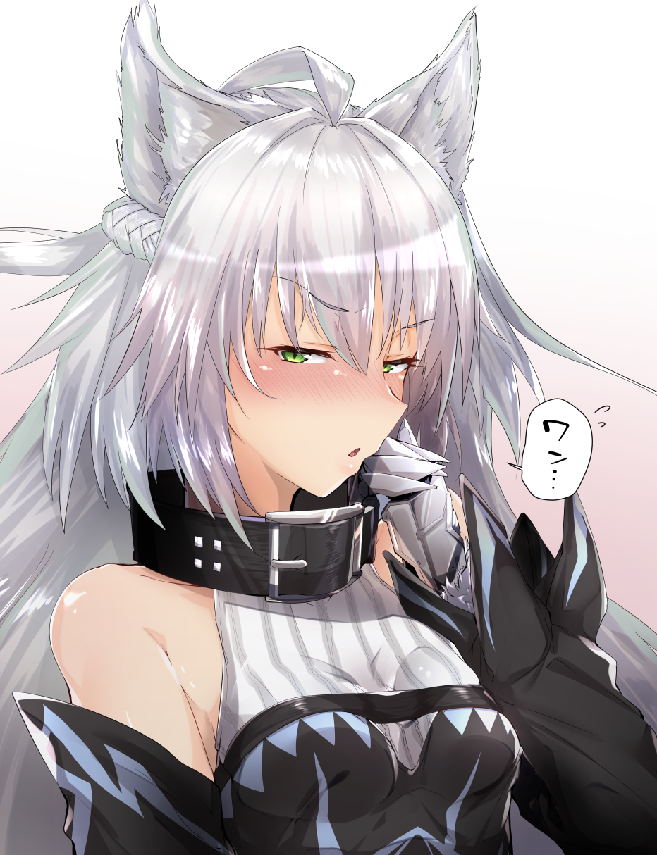 1girl ahoge animal_ears atalanta_(alter)_(fate) bangs bare_shoulders belt_collar black_collar blush braid breasts buckle commentary_request detached_sleeves eyebrows_visible_through_hair fate/grand_order fate_(series) flying_sweatdrops french_braid gauntlets gradient gradient_background green_eyes hair_between_eyes half-closed_eyes halterneck hand_up highres long_hair looking_at_viewer nose_blush parted_lips pink_background raised_eyebrow shiny shiny_hair shiny_skin side_glance sidelocks silver_hair slit_pupils small_breasts solo speech_bubble striped translation_request uno_ryoku upper_body white_background