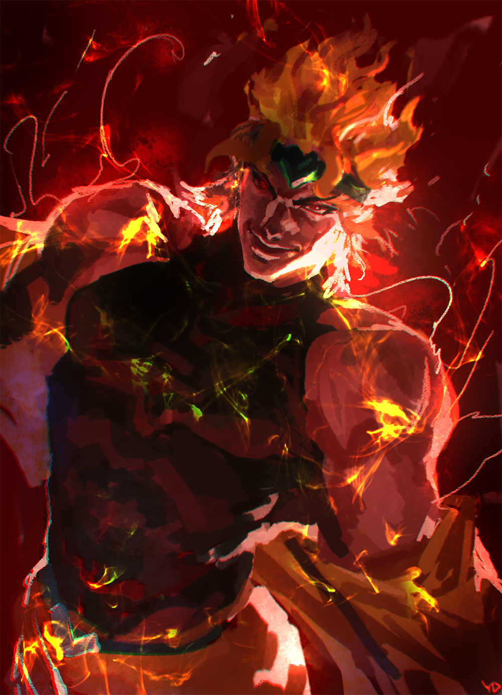 1boy bare_shoulders black_shirt blonde_hair closed_mouth commentary_request dio_brando grin headband heart highres jojo_no_kimyou_na_bouken korean_commentary looking_at_viewer male_focus muscle pants red_background red_eyes sanpaku shirt signature smile solo standing stardust_crusaders undressing upper_body yang-do yellow_pants