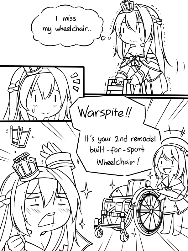 2girls :&gt; :d braid comic crown dress english english_commentary french_braid guin_guin hat jervis_(kantai_collection) kantai_collection long_hair mini_crown monochrome multiple_girls open_mouth pleated_skirt ribbon sailor_dress sailor_hat skirt smile sweatdrop trembling warspite_(kantai_collection) wheelchair |_|