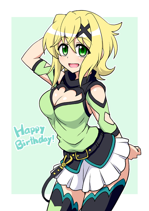 1girl akatsuki_kirika arm_up belt black_legwear blonde_hair breasts cleavage cleavage_cutout commentary_request cowboy_shot eyebrows_visible_through_hair green_eyes hair_ornament happy_birthday legs_together looking_at_viewer medium_breasts open_mouth senki_zesshou_symphogear shiny shiny_hair shiny_skin short_hair skirt solo standing thigh-highs white_skirt x_hair_ornament zetsumu