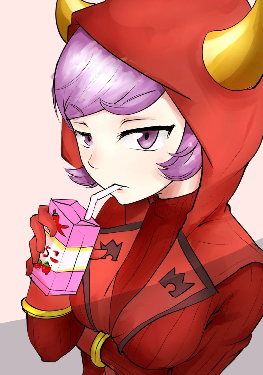 1girl breasts drawfag drinking fake_horns gloves hood hoodie horned_headwear juice_box kagari_(pokemon)_(remake) looking_at_viewer pokemon pokemon_(game) pokemon_oras purple_hair red_gloves ribbed_sweater short_hair solo sweater team_magma uniform upper_body violet_eyes