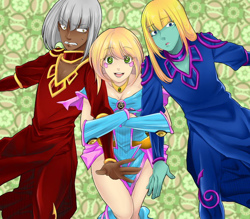 1girl blonde_hair breasts commentary_request dark_magician dark_magician_girl duel_monster long_hair multiple_boys yu-gi-oh! yuu-gi-ou_duel_monsters