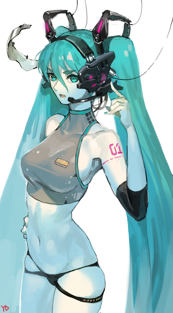 1girl bare_shoulders black_panties blue_eyes blue_hair blue_nails breasts cable commentary_request fingernails hair_between_eyes hand_on_hip hand_up hatsune_miku headgear headphones index_finger_raised long_hair looking_at_viewer medium_breasts nail_polish navel open_mouth panties signature simple_background skindentation sleeveless solo standing tattoo twintails underwear very_long_hair vocaloid white_background yang-do