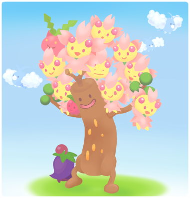 :d cherrim cherry_blossoms closed_mouth commentary_request creature ditto full_body gen_1_pokemon gen_2_pokemon gen_3_pokemon gen_4_pokemon hoppip looking_down looking_up lowres no_humans open_mouth pokemon pokemon_(creature) smile standing sudowoodo swablu transformed_ditto uwaa