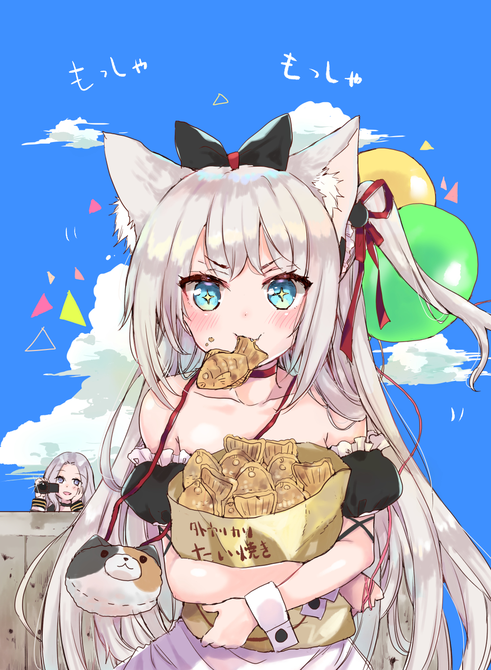 +_+ 2girls :t animal_bag animal_ears apron azur_lane bag balloon bangs black_bow black_dress blue_eyes blue_sky blush bow camcorder cat_bag cat_ears cat_hair_ornament choker closed_mouth clouds collarbone commentary_request day dress eyebrows_visible_through_hair fang food food_on_face hair_bow hair_ornament hair_ribbon hammann_(azur_lane) hand_on_own_cheek handbag highres holding long_hair long_sleeves looking_at_viewer mitoko_(kuma) mouth_hold multiple_girls object_hug one_side_up outdoors paper_bag puffy_short_sleeves puffy_sleeves red_choker red_ribbon ribbon short_sleeves shoulder_bag silver_hair sky solo_focus strapless strapless_dress taiyaki v-shaped_eyebrows very_long_hair wagashi waist_apron white_apron wrist_cuffs yorktown_(azur_lane)