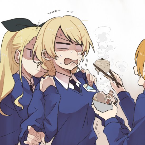 3girls :| assam bangs black_ribbon blank_eyes blonde_hair blue_eyes braid chopsticks closed_mouth commentary_request darjeeling feeding food girls_und_panzer gloom_(expression) hair_pulled_back hair_ribbon hand_on_another's_shoulder holding holding_food long_hair looking_at_another multiple_girls open_mouth orange_hair orange_pekoe ree_(re-19) restrained ribbon short_hair st._gloriana's_school_uniform standing steam sushi sweatdrop tied_hair twin_braids upper_body v-shaped_eyebrows white_background