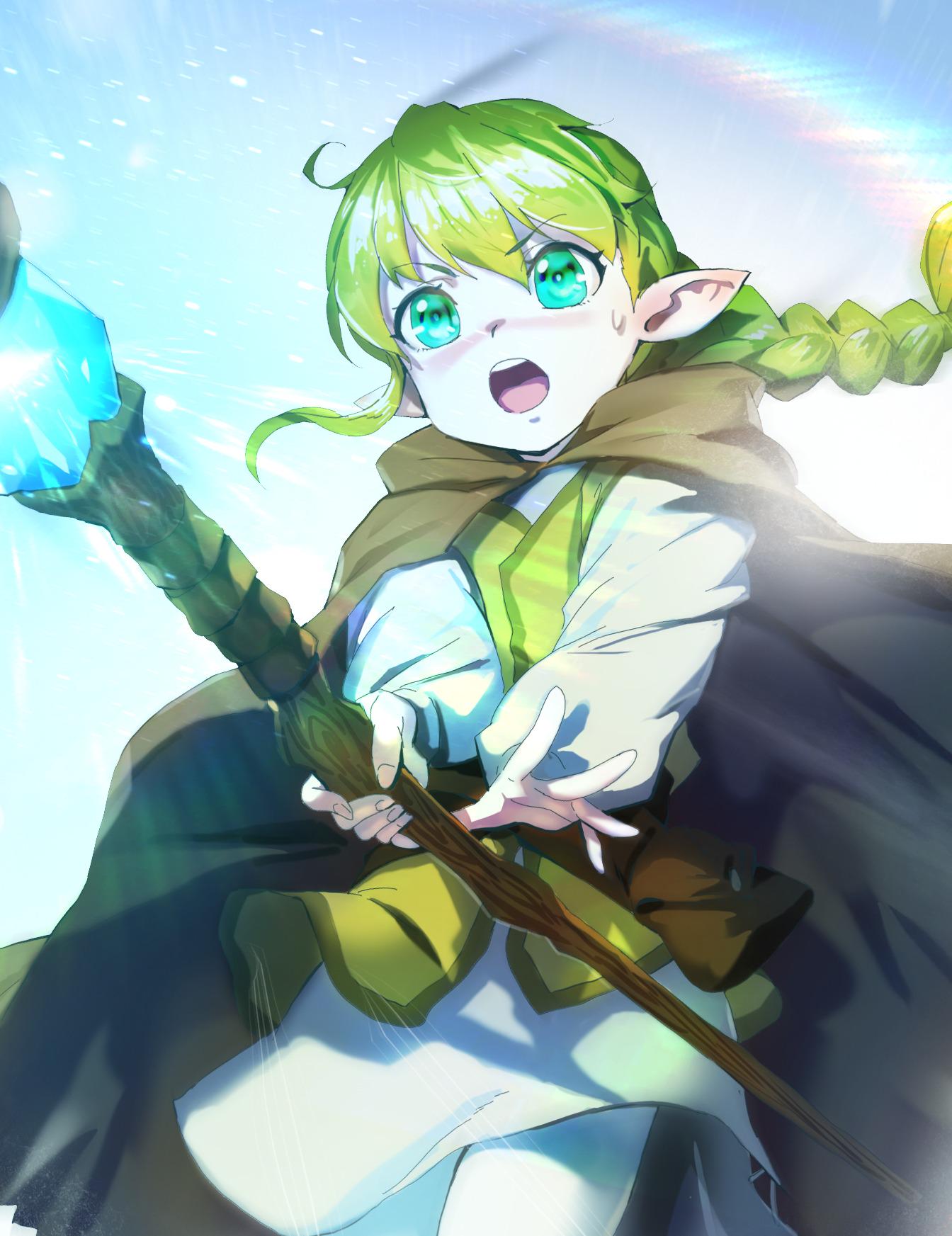1girl brown_cloak cloak commentary_request copyright_request cowboy_shot green_eyes green_hair green_vest highres holding hood hooded_cloak lens_flare long_sleeves mage magic open_mouth pantyhose skirt solo staff vest white_skirt yang-do