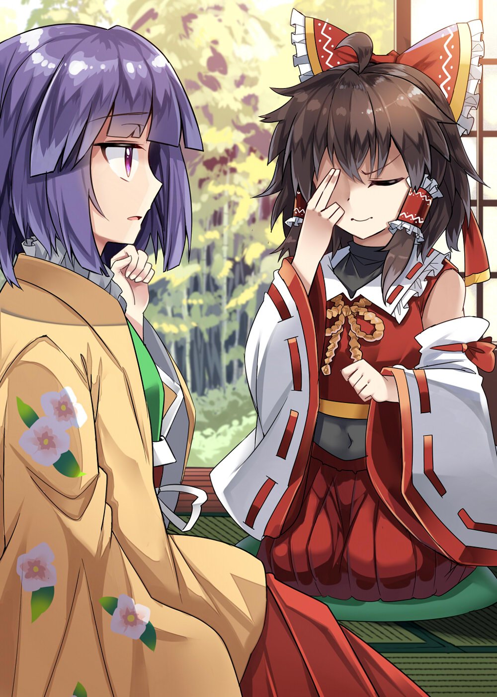 2girls ahoge bangs bare_shoulders blunt_bangs bow brown_hair closed_eyes commentary_request covered_navel detached_sleeves e.o. eyebrows_visible_through_hair finger_to_chin floral_print frilled_bow frilled_shirt_collar frills hair_bow hair_tubes hakurei_reimu hand_up hieda_no_akyuu highres indoors japanese_clothes kimono long_sleeves multiple_girls parted_lips plant purple_hair red_bow seiza short_hair sidelocks sitting tatami touhou v-shaped_eyebrows violet_eyes wide_sleeves yellow_kimono