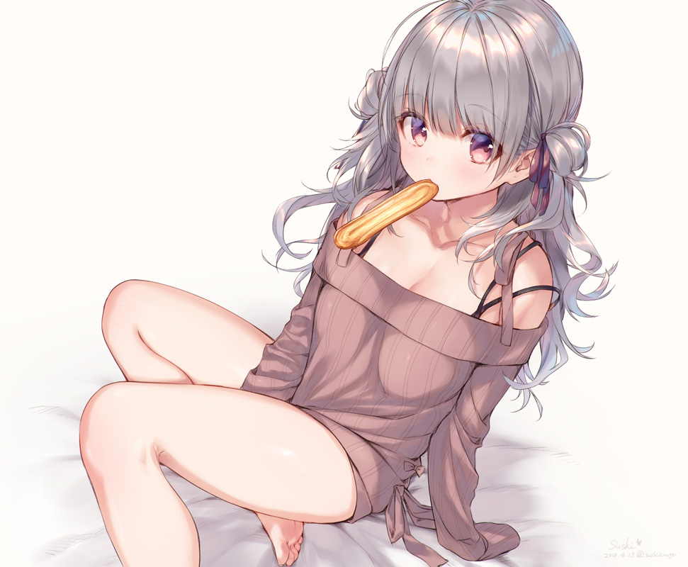 1girl bangs bare_legs between_legs breasts cleavage collarbone eclair_(food) eyebrows_visible_through_hair food_in_mouth hand_between_legs long_hair looking_at_viewer mouth_hold off-shoulder_sweater off_shoulder original sidelocks silver_hair sitting solo spaghetti_strap strap_slip suisen sweater thighs two_side_up violet_eyes wavy_hair