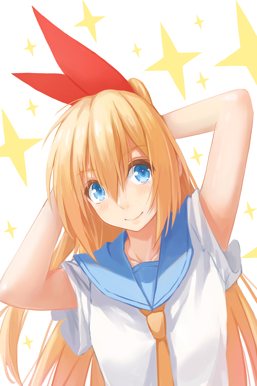 1girl arms_behind_head arms_up bangs blue_sailor_collar blush closed_mouth collarbone eyebrows_visible_through_hair hair_between_eyes hair_ribbon highres kirisaki_chitoge long_hair neckerchief nisekoi ponytail red_ribbon redpoke ribbon sailor_collar school_uniform serafuku shiny shiny_hair shirt short_sleeves smile solo sparkle_background tareme upper_body white_shirt yellow_neckwear