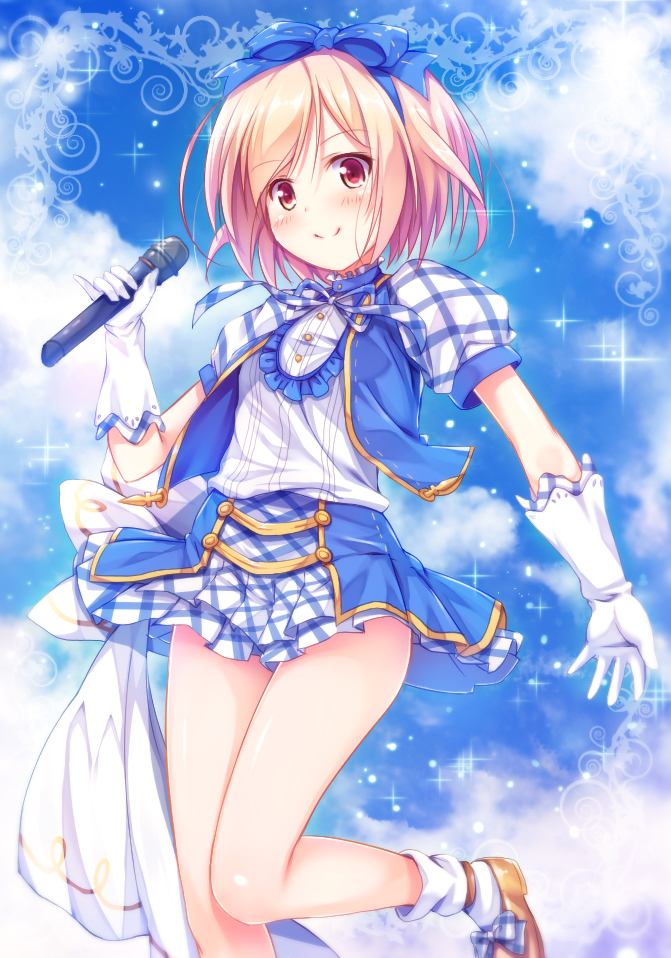 1girl blonde_hair blue_ribbon blue_sky blush bow brown_eyes clouds djeeta_(granblue_fantasy) eyebrows_visible_through_hair gloves granblue_fantasy h hair_between_eyes hair_ribbon holding holding_microphone idol kimi_to_boku_no_mirai kusunoki_(escude) layered_skirt looking_at_viewer microphone miniskirt neck_ribbon one_leg_raised pleated_skirt ribbon shiny shiny_skin shoe_bow shoes short_hair short_sleeves skirt sky smile socks solo sparkle standing standing_on_one_leg white_gloves white_legwear yellow_footwear