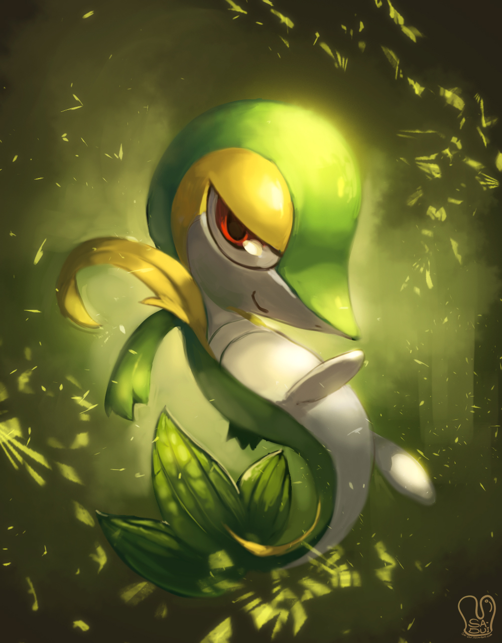 closed_mouth commentary english_commentary full_body gen_5_pokemon green highres leaf looking_at_viewer pokemon pokemon_(creature) red_eyes sa-dui smile smug snivy solo