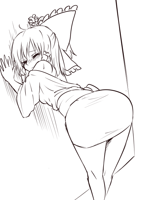 1girl ahoge bent_over blush bow closed_mouth from_behind greyscale hair_bow hair_tubes hakurei_reimu leaning miyo_(ranthath) monochrome nose_blush one_eye_closed solo sweat touhou