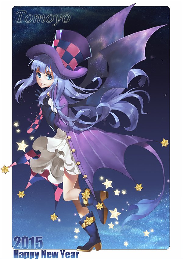 1girl alternate_hair_color ankle_boots baiguiyu blue_eyes blue_footwear blue_gloves blue_hair boots card_captor_sakura character_name daidouji_tomoyo floating_hair from_side gloves hands_up hat high_heel_boots high_heels long_hair looking_at_viewer skirt smile solo standing standing_on_one_leg top_hat very_long_hair white_skirt wings