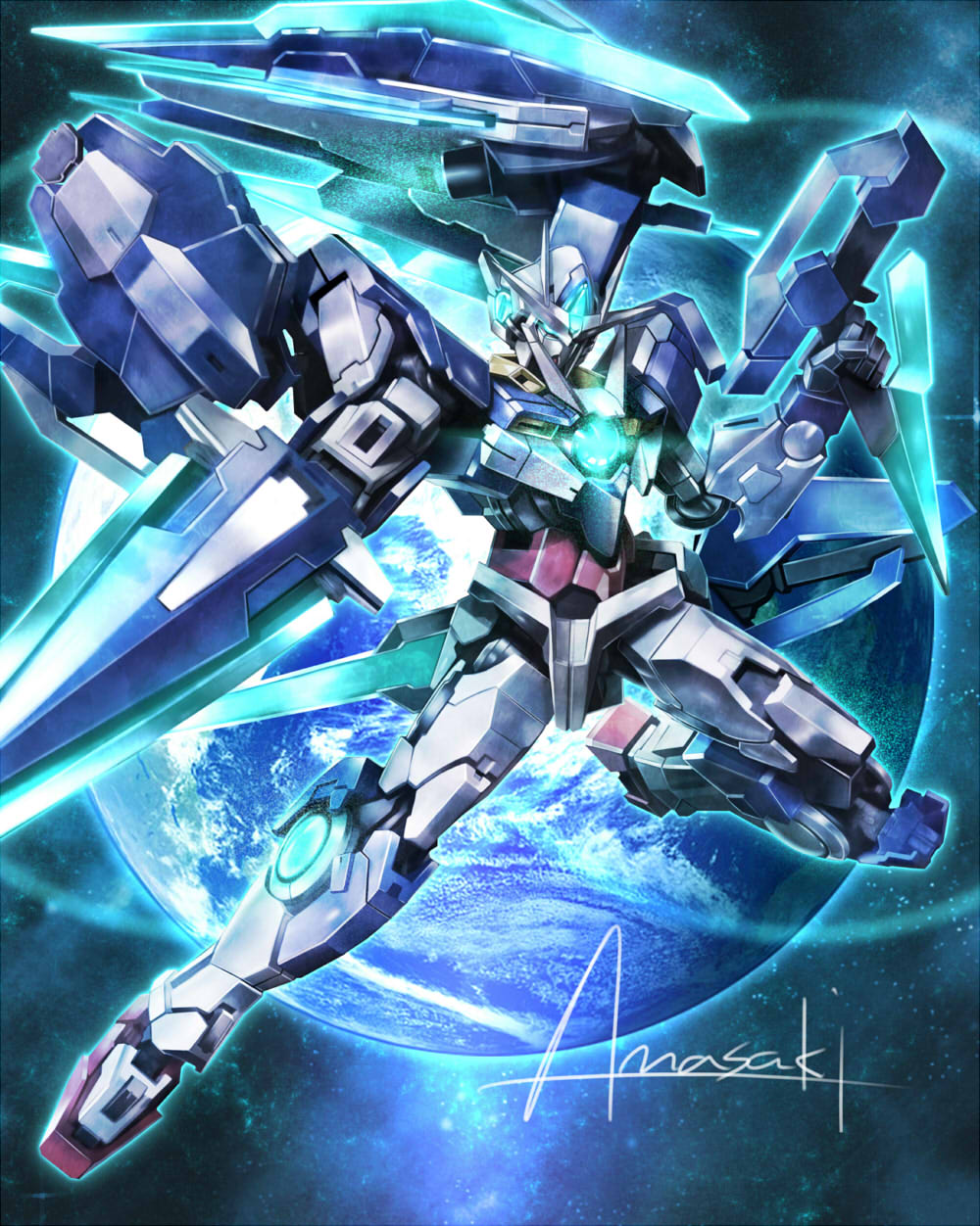 00_qan[t] artist_name dual_wielding earth gn_drive gunblade gundam gundam_00_a_wakening_of_the_trailblazer highres light_particles mecha no_humans shield signature sword wa-kun weapon