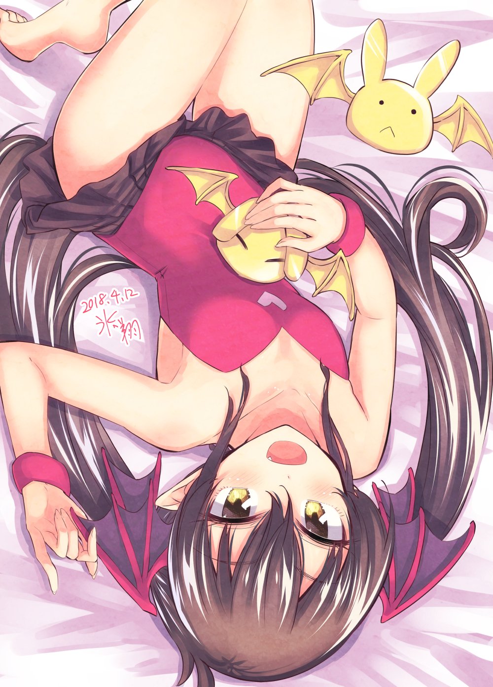 1girl barefoot bed_sheet black_hair blush flat_chest from_above head_wings highres hikawa_shou idolmaster idolmaster_cinderella_girls long_hair looking_at_viewer lying matoba_risa on_back open_mouth pointy_ears signature smile thighs twintails yellow_eyes