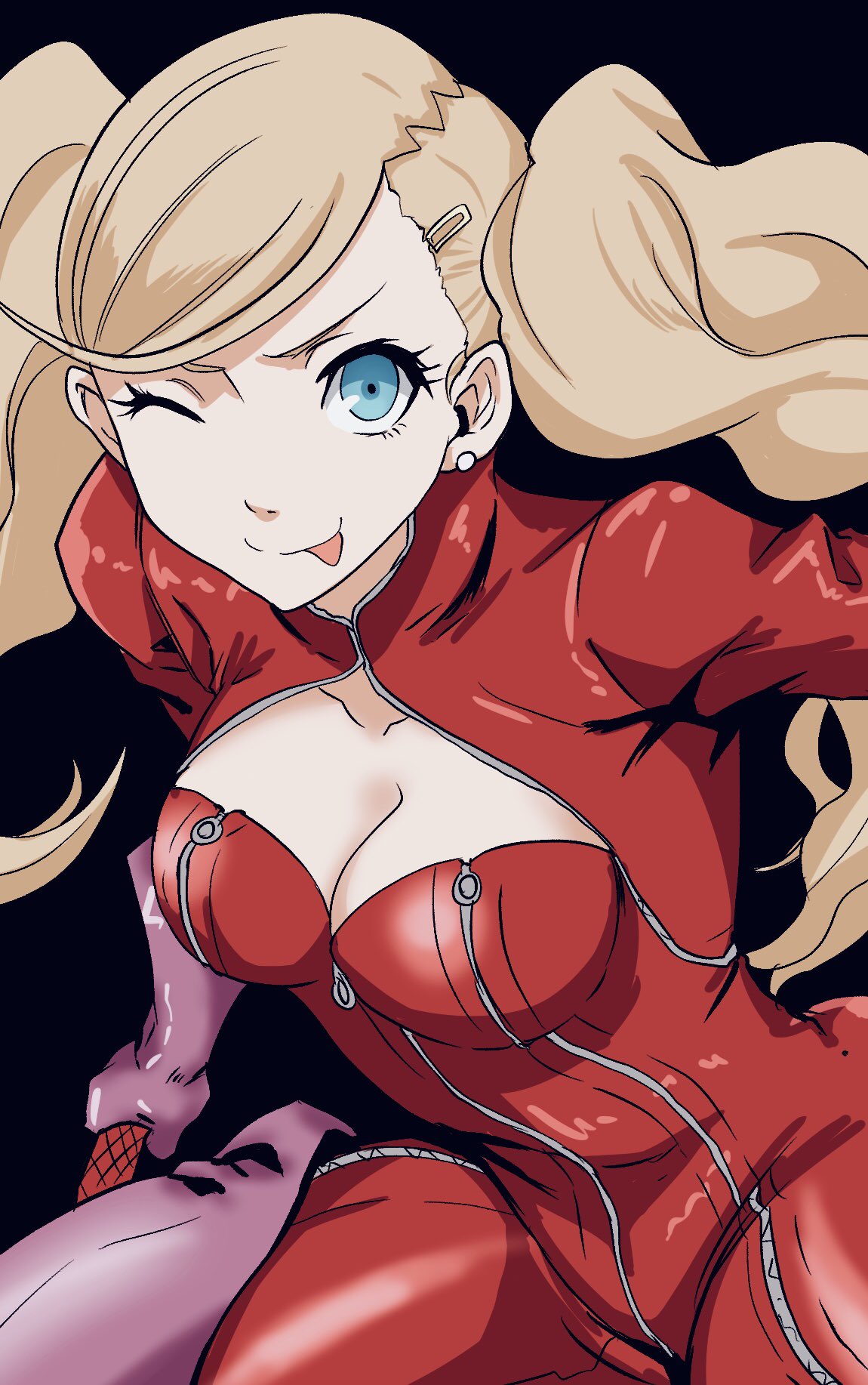 1girl :p bangs black_background blonde_hair blue_eyes bodysuit breasts cat_mask cleavage closed_mouth collarbone earlobes earrings eyelashes gloves hair_ornament hairclip highres jewelry kurosususu large_breasts long_hair looking_at_viewer mask one_eye_closed persona persona_5 pink_gloves red_bodysuit red_legwear simple_background smile solo stud_earrings takamaki_anne tongue tongue_out twintails whip zipper