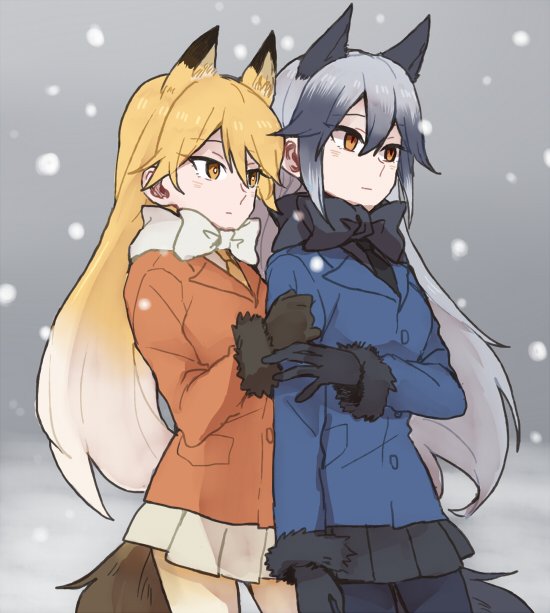 2girls :| animal_ears arm_grab bangs black_bow black_gloves black_legwear black_neckwear black_skirt blue_coat bow brown_eyes closed_mouth commentary_request cowboy_shot eyebrows_visible_through_hair ezo_red_fox_(kemono_friends) fox_ears fox_tail fur-trimmed_sleeves fur_trim gloves gradient_hair grey_hair kemono_friends long_hair long_sleeves looking_to_the_side miniskirt multicolored_hair multiple_girls necktie orange_coat orange_hair orange_neckwear outdoors pantyhose pleated_skirt ree_(re-19) silver_fox_(kemono_friends) skirt snow standing tail white_bow white_skirt winter_clothes