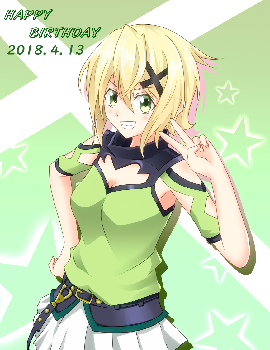 1girl akatsuki_kirika belt blonde_hair blush breasts commentary_request dated green_background green_eyes green_shirt hair_between_eyes hair_ornament happy_birthday looking_at_viewer parted_lips senki_zesshou_symphogear seshiro_(which501) shiny shiny_hair shirt short_hair skirt smile solo star teeth upper_teeth v white_skirt x_hair_ornament