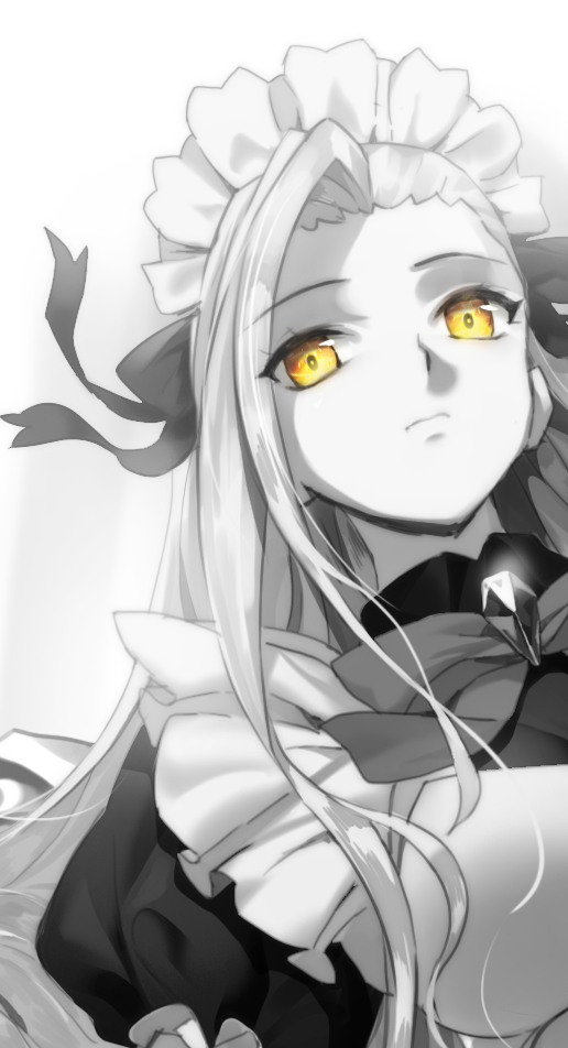 1girl apron bow bowtie closed_mouth commentary_request eyebrows_visible_through_hair greyscale hair_ribbon korean_commentary long_hair looking_at_viewer maid maid_apron maid_headdress monochrome original ribbon solo spot_color upper_body yang-do yellow_eyes