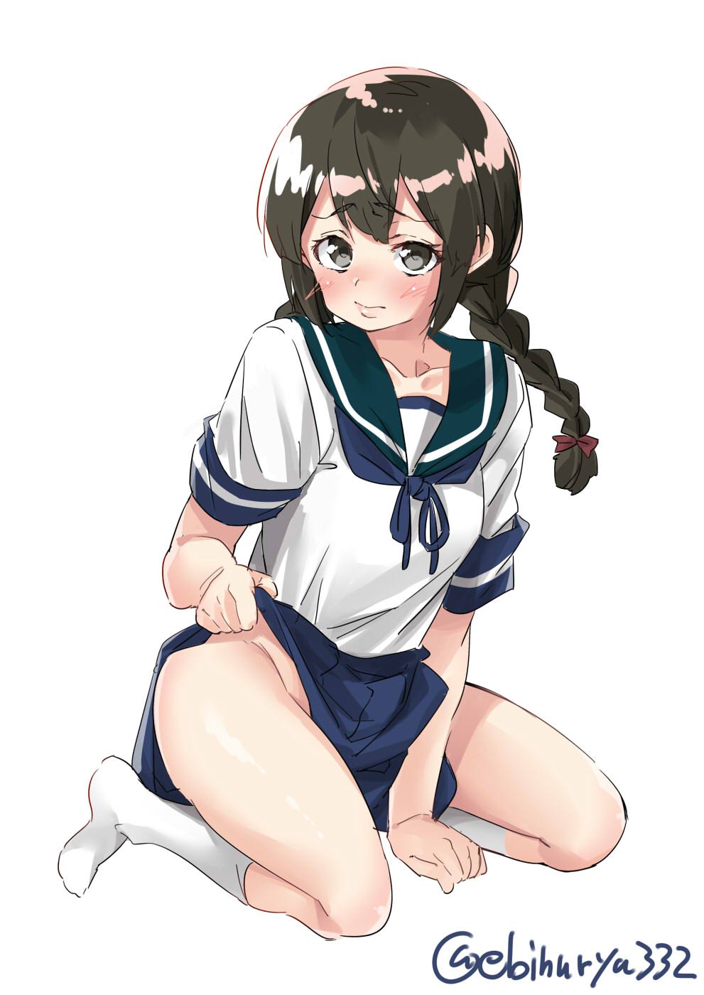 1girl black_eyes black_hair blue_sailor_collar blue_skirt blush braid ebifurya full_body hair_between_eyes highres isonami_(kantai_collection) kantai_collection kneehighs lifted_by_self no_panties pleated_skirt sailor_collar school_uniform serafuku sidelocks simple_background skirt skirt_lift solo twin_braids twitter_username white_background white_legwear