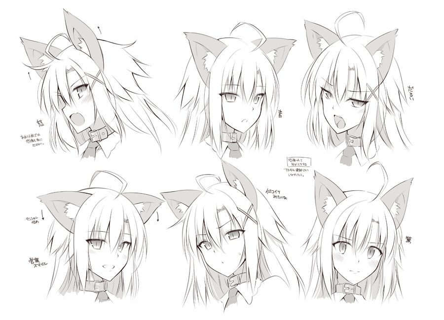 1girl :o ahoge animal_ears belt_collar blush cat_ears closed_mouth collared_shirt expressions fang greyscale hair_between_eyes hair_ornament hairclip long_hair looking_at_viewer monochrome multiple_views necktie oota_yuuichi open_mouth original parted_lips shirt simple_background slit_pupils smile sweatdrop translation_request white_background wing_collar x_hair_ornament