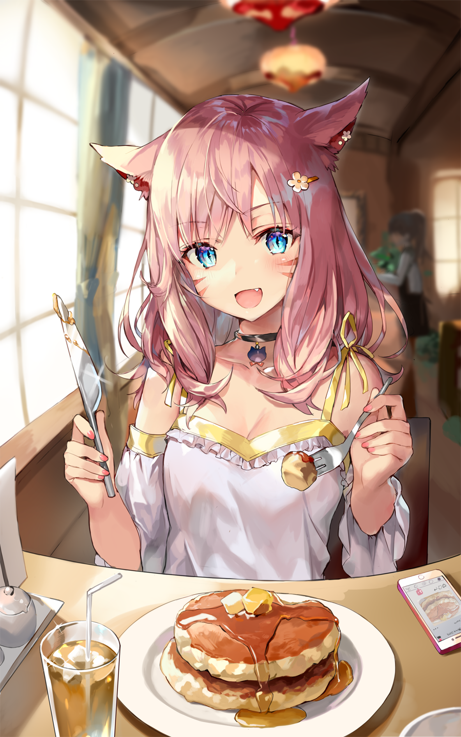 1girl animal_ears character_request commentary_request final_fantasy final_fantasy_xiv flower food hair_flower hair_ornament highres looking_at_viewer momoko_(momopoco) pancake solo