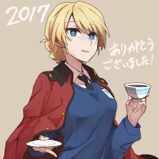 1girl 2017 bangs black_neckwear blonde_hair blue_eyes blue_sweater braid brown_background commentary_request cup darjeeling dress_shirt emblem epaulettes eyebrows_visible_through_hair girls_und_panzer holding jacket jacket_on_shoulders long_sleeves looking_at_viewer military military_uniform necktie open_mouth red_jacket ree_(re-19) saucer school_uniform shirt short_hair simple_background smile solo st._gloriana's_(emblem) st._gloriana's_military_uniform st._gloriana's_school_uniform sweater teacup tied_hair twin_braids uniform upper_body v-neck white_shirt wing_collar