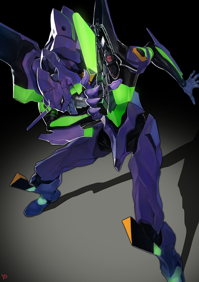 commentary_request dark_background eva_01 highres holding holding_weapon horn legs_apart mecha neon_genesis_evangelion no_humans rebuild_of_evangelion shadow standing weapon yang-do