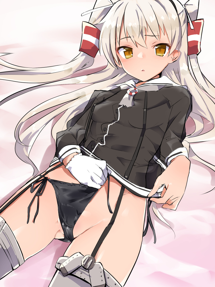 1girl amatsukaze_(kantai_collection) black_dress black_panties brown_eyes caburi cowboy_shot dress garter_straps gloves gluteal_fold hair_tubes kantai_collection long_hair looking_at_viewer lying panties sailor_dress short_dress side-tie_panties silver_hair single_glove solo thigh-highs two_side_up underwear untied untied_panties white_gloves windsock