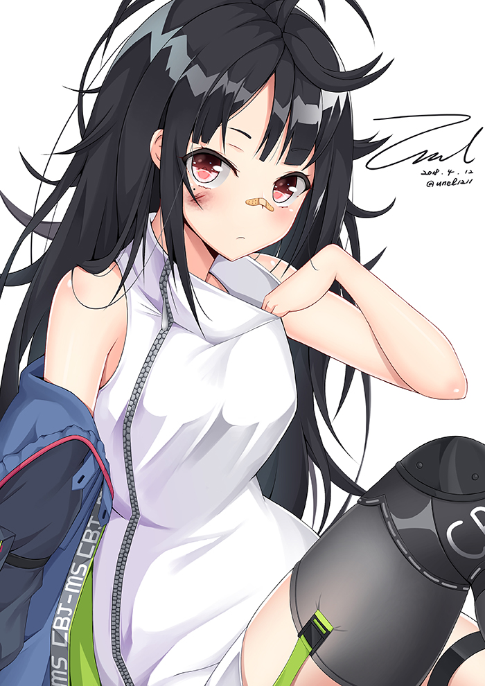 1girl ahoge arm_strap bandaid bandaid_on_nose bangs bare_shoulders belt_boots between_legs black_hair black_legwear boots c-ms_(girls_frontline) closed_mouth clothes_writing coat collarbone dated dress dress_tug expressionless girls_frontline hair_over_one_eye hair_over_shoulder hand_between_legs head_tilt injury knee_up long_hair looking_at_viewer messy_hair microdress mole mole_under_eye multicolored_coat multiple_belts off_shoulder open_clothes open_coat pocket pouch red_eyes sidelocks signature simple_background single_knee_pad single_sock single_thighhigh sitting socks solo strap thigh-highs thigh_strap twitter_username unel white_background white_dress zipper
