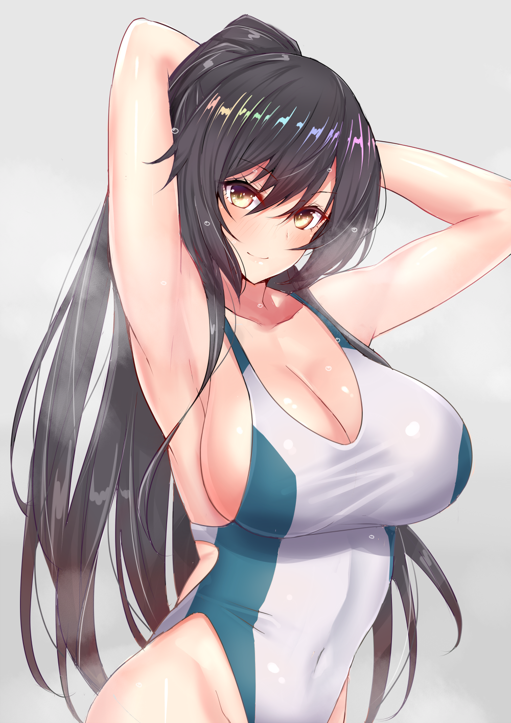 1girl armpits arms_behind_head arms_up bangs black_hair breasts cleavage closed_mouth collarbone competition_swimsuit covered_navel cowboy_shot eyebrows_visible_through_hair grey_background highleg highleg_swimsuit highres idolmaster idolmaster_shiny_colors large_breasts long_hair looking_at_viewer one-piece_swimsuit ponytail sankakusui shiny shiny_hair shiny_skin shirase_sakuya simple_background skin_tight smile solo steaming_body swimsuit upper_body very_long_hair white_swimsuit yellow_eyes