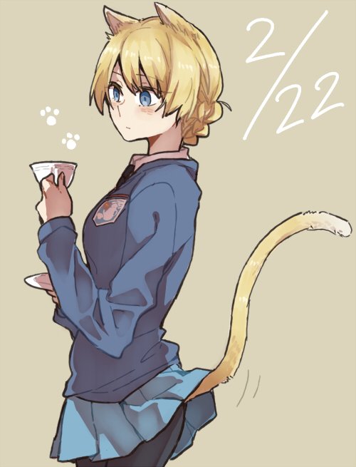 1girl animal_ears bangs black_legwear black_neckwear blonde_hair blue_eyes blue_skirt blue_sweater braid brown_background cat_ears cat_tail closed_mouth commentary_request cowboy_shot cup darjeeling dated dress_shirt emblem eyebrows_visible_through_hair from_side girls_und_panzer holding kemonomimi_mode long_sleeves miniskirt motion_lines necktie pantyhose paw_print pleated_skirt ree_(re-19) saucer school_uniform shirt short_hair simple_background skirt solo st._gloriana's_(emblem) st._gloriana's_school_uniform standing sweater tail tail_lift teacup tied_hair twin_braids v-neck white_shirt