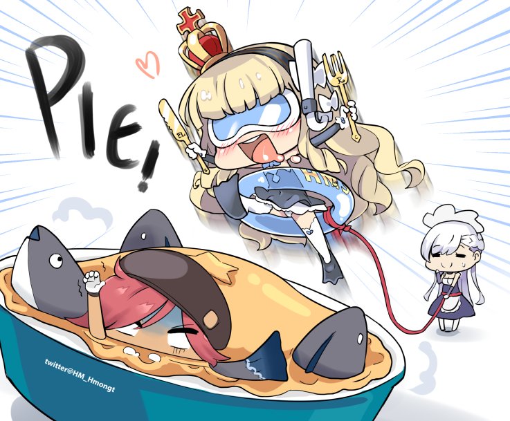 3girls :d azur_lane belfast_(azur_lane) beret braid chibi crown diving_mask drooling fish flippers fork french_braid hairband hat holding innertube jamaica_(azur_lane) jumping knife light_brown_hair long_hair maid maid_headdress mini_crown multiple_girls open_mouth phandit_thirathon queen_elizabeth_(azur_lane) redhead rope scarf silver_hair simple_background smile snorkel stargazy_pie thigh-highs twitter_username zettai_ryouiki