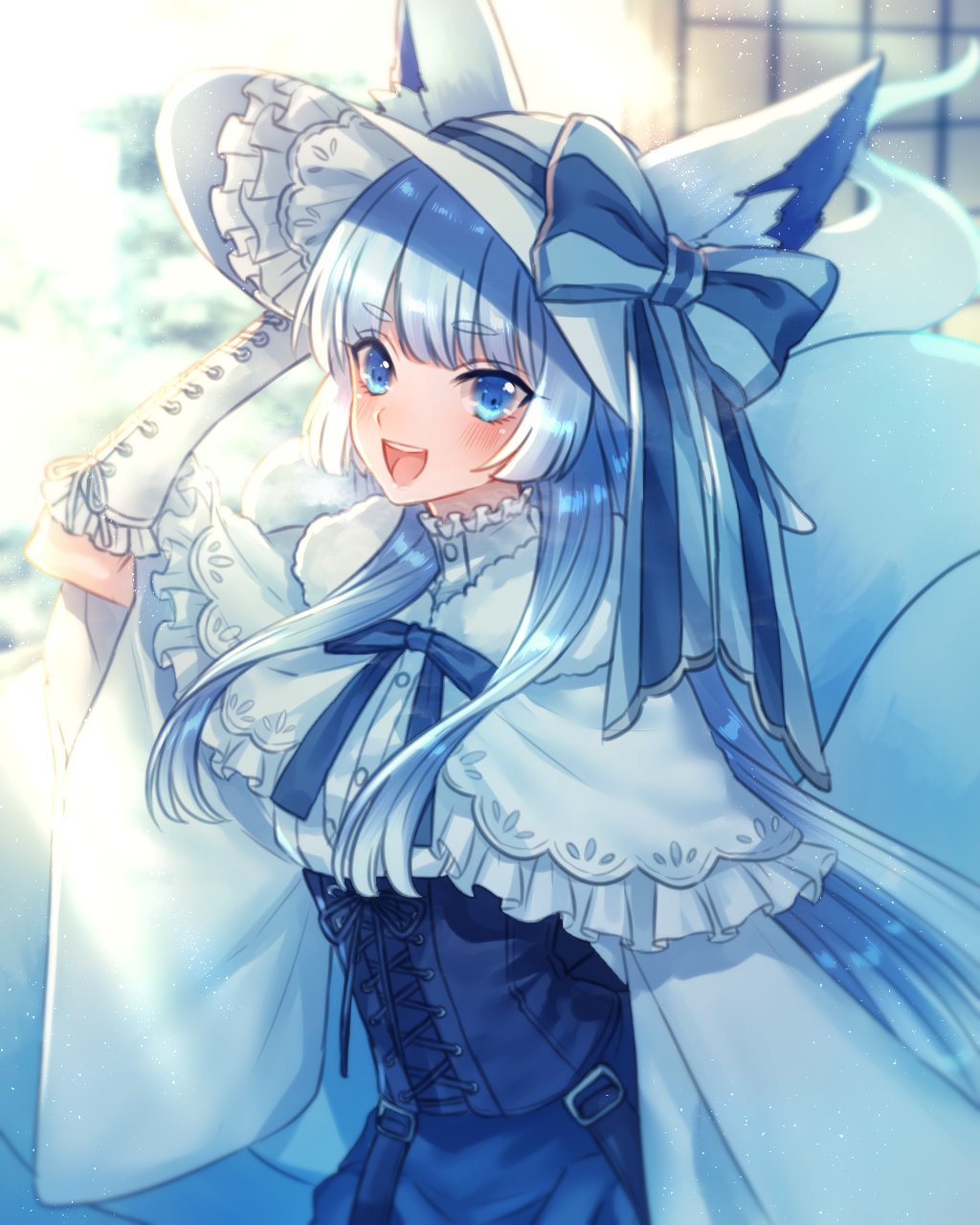 1girl :d alolan_ninetales animal_ears arm_at_side arm_up blue_bow blue_eyes blue_hair blue_ribbon blurry blurry_background bow character_check cross-laced_clothes dress eyebrows_visible_through_hair frills gloves hat hat_bow highres long_hair moe_(hamhamham) open_mouth personification pokemon ribbon smile solo standing striped striped_ribbon thick_eyebrows white_dress white_gloves white_hat wide_sleeves