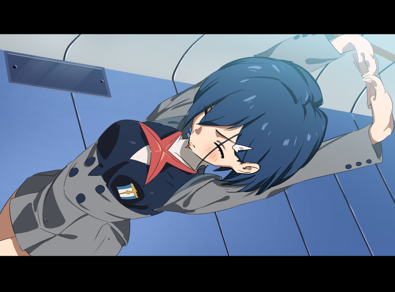 1girl blue_hair closed_mouth darling_in_the_franxx eyebrows_visible_through_hair from_above hair_ornament hairclip ichigo_(darling_in_the_franxx) indoors letterboxed long_sleeves senjitsu_musou short_hair skirt solo stretch uniform