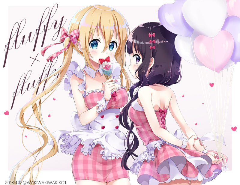 2girls apron balloon bangs bare_shoulders black_hair blend_s blonde_hair blue_eyes blush bow breasts cleavage collarbone commentary_request dated dress eyebrows_visible_through_hair fingernails food frilled_apron frills hair_between_eyes hair_bow heart heart_balloon hinata_kaho holding holding_food ice_cream ice_cream_cone large_breasts long_hair low_twintails multiple_girls nail_polish neki_(wakiko) pink_bow pink_dress pink_nails plaid plaid_bow plaid_dress red_neckwear sakuranomiya_maika shoulder_blades smile strapless strapless_dress twintails twitter_username very_long_hair violet_eyes waist_apron white_apron wrist_cuffs wrist_grab