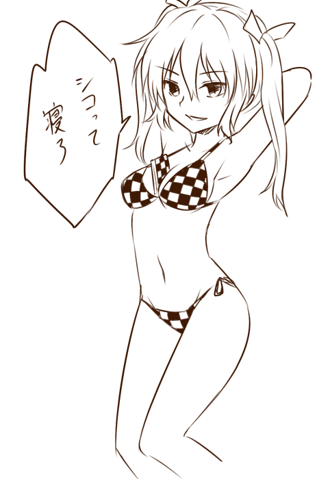 1girl arms_behind_head arms_up bangs between_breasts bikini breasts checkered checkered_bikini cleavage eyebrows_visible_through_hair greyscale hair_between_eyes hair_ribbon himekaidou_hatate long_hair medium_breasts miyo_(ranthath) monochrome navel open_mouth phone ribbon side-tie_bikini simple_background solo speech_bubble swimsuit touhou translation_request twintails white_background