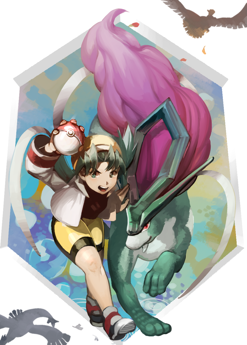 1girl arm_behind_back bending_forward bent_over bird blue_eyes blue_hair crystal_(pokemon) eyebrows eyebrows_visible_through_hair feathers fingernails full_body gen_2_pokemon hair_intakes hat highres ho-oh holding holding_poke_ball jacket legendary_pokemon long_hair looking_away looking_to_the_side lugia mayo_cha open_clothes open_jacket open_mouth poke_ball poke_ball_(generic) pokemon pokemon_(game) pokemon_gsc red_shirt shirt shoes shorts sneakers solo suicune teeth tongue twintails v-shaped_eyebrows white_jacket yellow_hat yellow_shorts